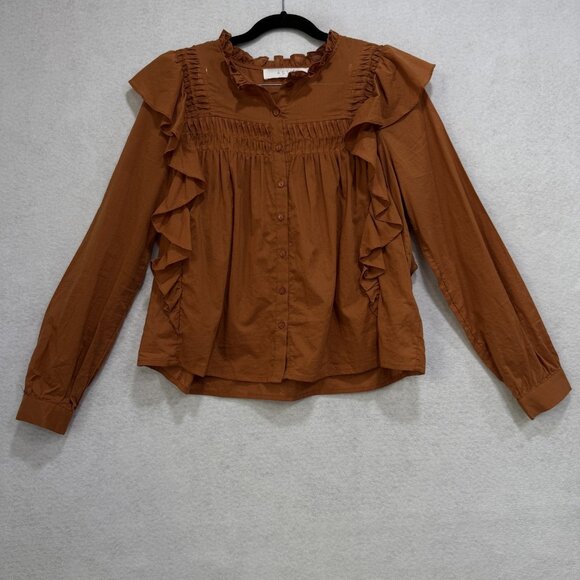 ASTR the Label Tops - ASTR The Label Blouse Womens XS Ruffle Long Sleeve Button Top Ginger Brown